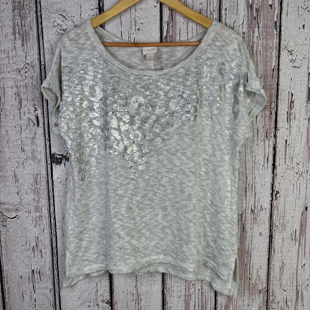 Chico’s 2 Large Leopard Terrain Hailie Hi Lo Silver Knit Short Sleeve Top